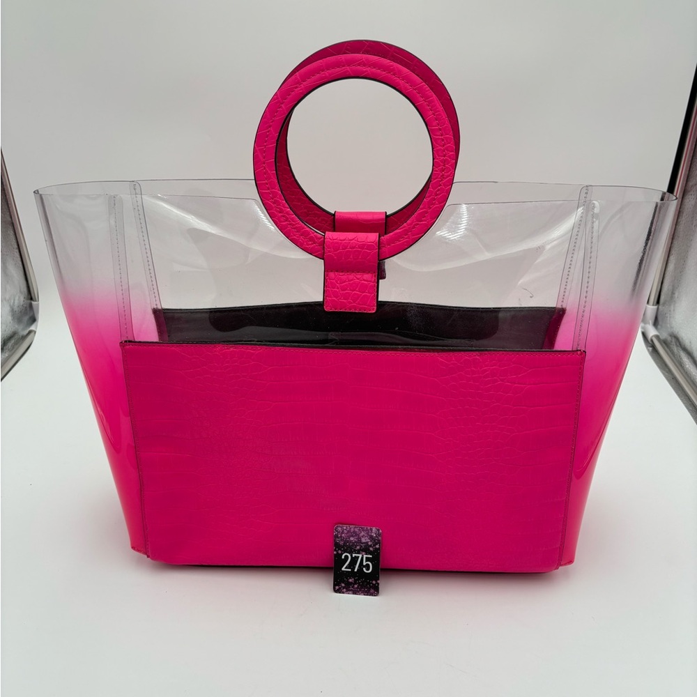 Vince Camuto Neon Fuchsia Pink Large Clear Ombré Tote with Ring design.